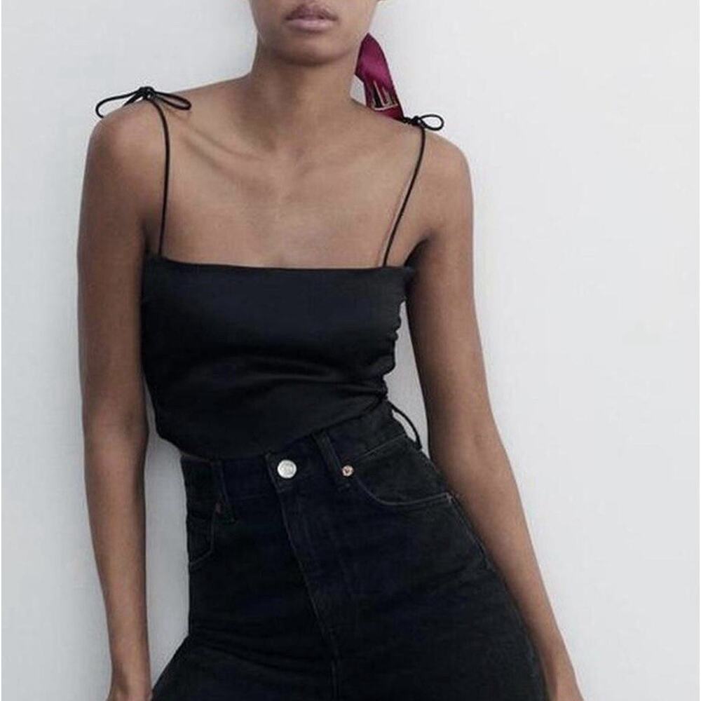 Zara women black satin crop top size S with bow ties on shoulders